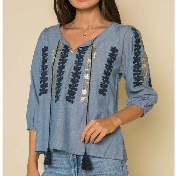 Raga Anthro Paityn Boho Chambray Tunic with emboidery and beaded sequins  large - Picture 1 of 8